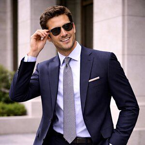 Murano Collezione Navy Pinstripe Wool Suit – Size 42R